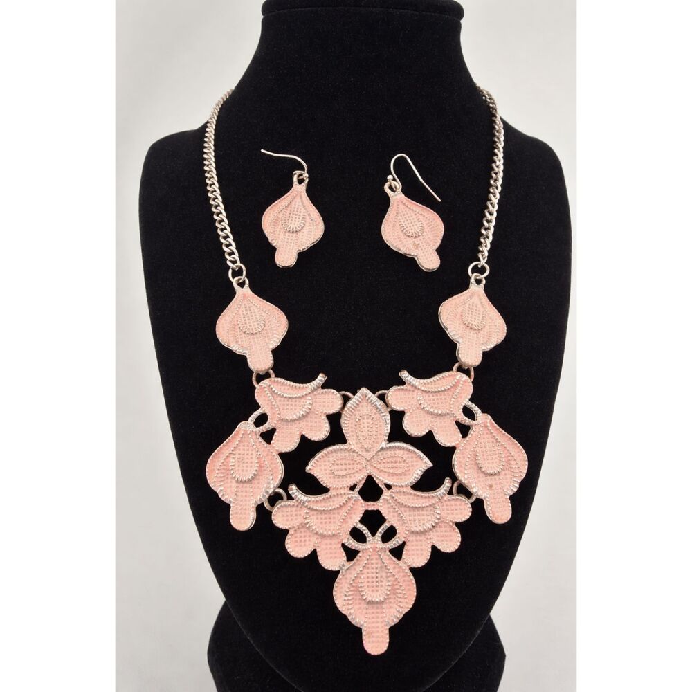 Plunder Enamel Floral Earrings Necklace Set Pink Silver Tone Nature Fairy Spring
